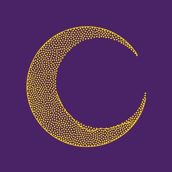 Stylized crescent moon composed of small yellow dots on a deep purple , creating a modern and abstract celestial design vector