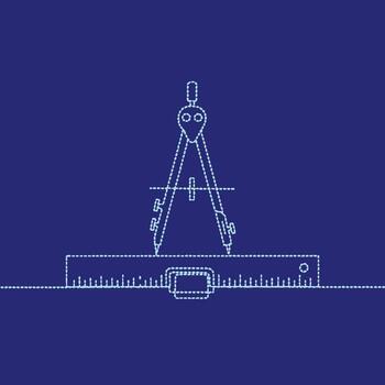 Technical drawing of a compass and ruler on a blue illustrating precise measurement tools vector