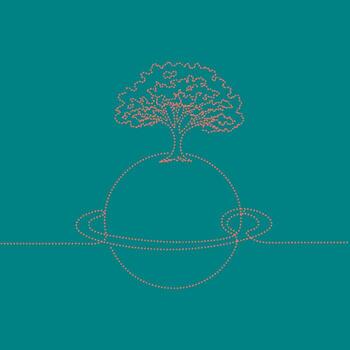Minimalist line art depicting a large tree growing on a spherical planet with orbiting rings against a solid vector