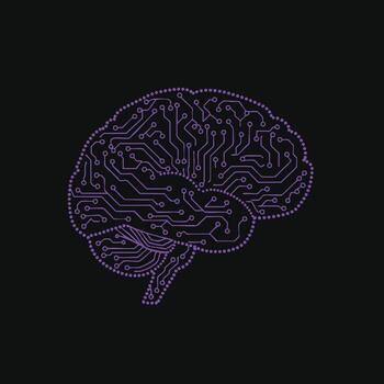 digital cerebro con circuitería modelo en púrpura en negro vector