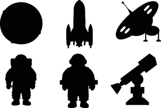 Collection of space exploration icons including planet rocket astronauts and telescope silhouette isolated on white background vector