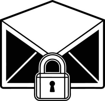 Black and white silhouette of an envelope with a padlock in front isolated on white background vector