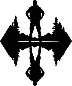 silueta de un hombre en pie en un montaña reflejando en agua con arboles aislado en blanco antecedentes vector