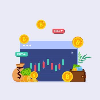 Cryptocurrency trading and growing concept flat illustration template, Bitcoin rising, Stock exchange scene with computer, Crypto investment strategy vector