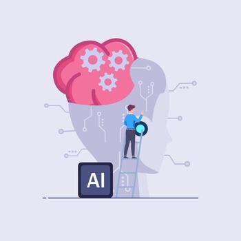 man with artificial intelligence. Young man near silhouette of head with gears. Modern technologies and innovations, machine learning. Virtual bot and assistant. Flat illustration vector