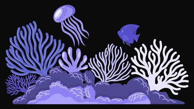 vibrant coral reef set against a dark background. It features various coral structures, sea algae, a floating jellyfish, and a swimming fish. vector