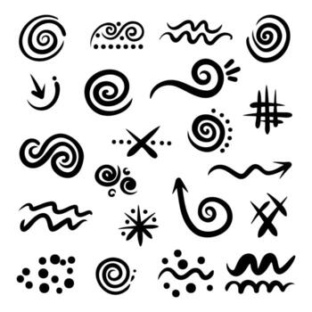 Hand Drawn Doodle Spiral Shapes Arrows Waves Abstract Scribble Design Elements Set vector
