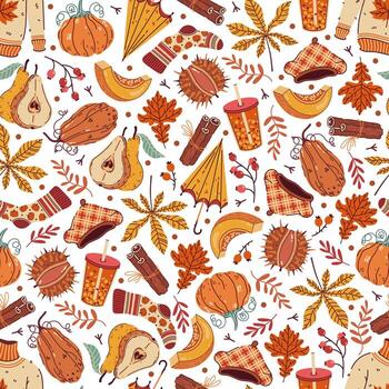 otoño vibraciones sin costura modelo. estacional ropa, boina, calentar suéter, calcetín. frutas y verduras, calabaza, castaña, pera. otoño paraguas, canela beber. acogedor dibujos animados ornamento para acción de gracias vector