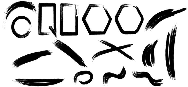 Black grunge ink shapes like circle, square, and hexagon displayed on the transparent background vector