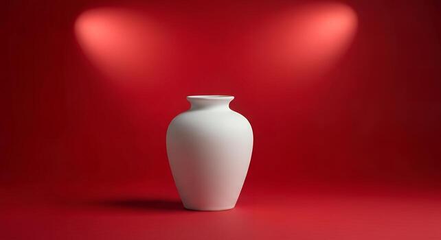 Clean minimalist still life of a single white ceramic vase centered against a flawless solid red background photo