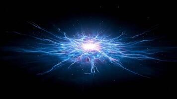 Electric energy explosion with bright blue light and dynamic lightning streaks creating powerful electric power burst and intense dynamic energy video