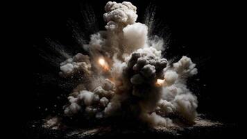 Ground level dust explosion with dense smoke debris bursting outward in powerful blast of energy and force creating dramatic intense visual effect video