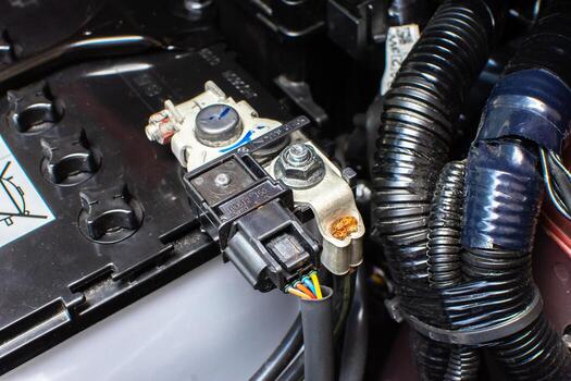 Car battery negative terminal with sensor and wiring harness, showing connection point for electrical system power distribution, essential for starting, charging, and vehicle performance photo