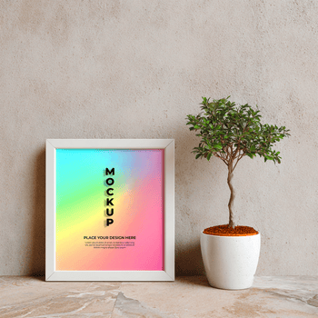 moderno bianca immagine telaio modello con un' vivace pendenza sfondo, posto Il prossimo per un' piccolo in vaso Bonsai albero su un' strutturato superficie psd