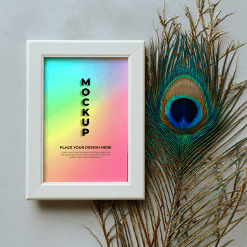 un' bianca immagine telaio con un' vivace arcobaleno pendenza sfondo e il parola modello nel nero testo, Il prossimo per un' pavone piuma su un' grigio strutturato superficie psd