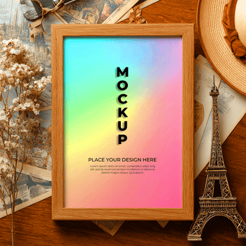 Bosquejo de un de madera marco con un vistoso degradado fondo, presentando un eiffel torre réplica y seco flores en un mesa psd