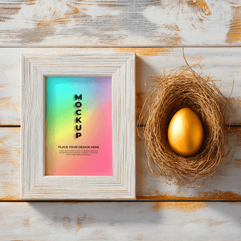 un' d'oro Pasqua uovo riposa nel un' uccelli nido Il prossimo per un' rustico bianca immagine telaio con un' colorato pendenza modello dentro, impostato contro un' di legno sfondo psd