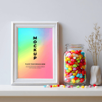 un' bianca immagine telaio con un' colorato pendenza sfondo e il parola modello nel nero testo, Il prossimo per un' bicchiere vaso di gelatina fagioli e un' piccolo pianta nel un' vaso su un' mensola psd