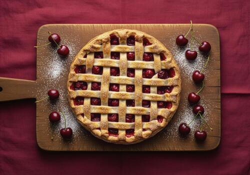 Rustic homemade cherry pie with a golden lattice crust on a wooden cutting board photo