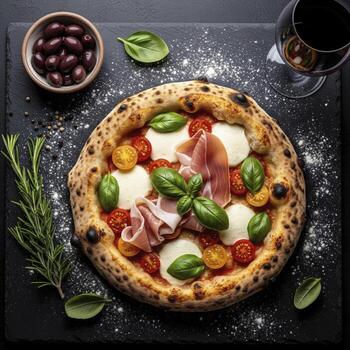 Gourmet Neapolitan pizza with prosciutto fresh mozzarella and basil on a dark slate background photo