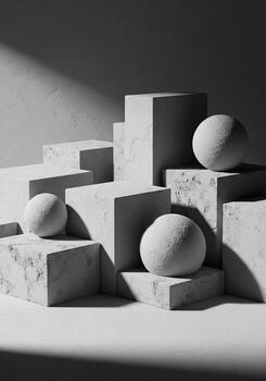 Minimalist architectural composition with textured geometric shapes in monochrome photo