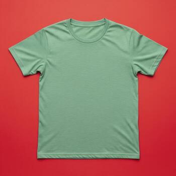 Plain green t shirt mockup flat lay on a contrasting red background photo