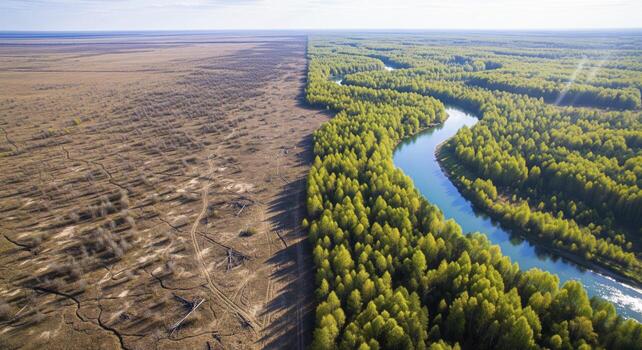 Aerial View of the Stark Contrast Between a Lush Green Forest and Barren Deforested Land photo