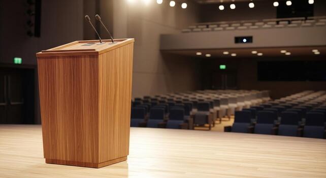 Wooden Lectern on a Stage in an Empty Conference Hall photo