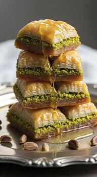 Decadent stack of golden pistachio baklava with sweet honey syrup dripping down the layers photo