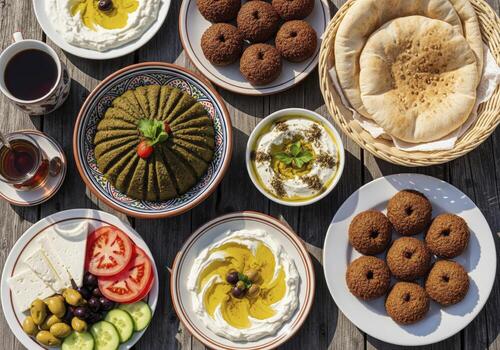 Authentic Middle Eastern Breakfast Feast with Falafel and Dips photo
