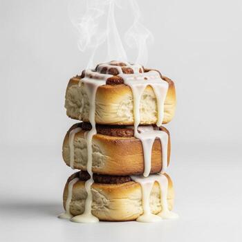 apilar de Tres caliente humeante canela rollos con goteo vainilla vidriar foto