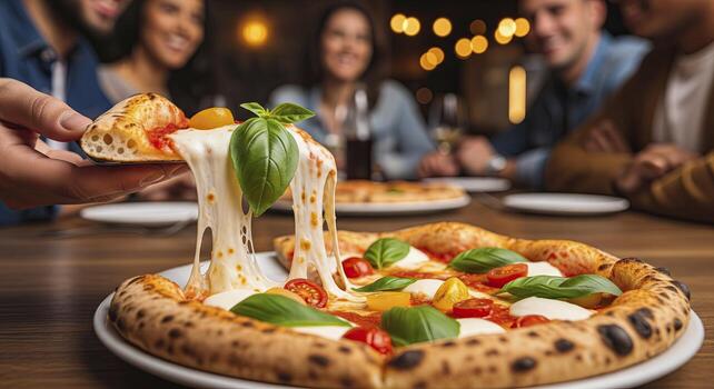 Close up of a cheesy pizza pull with friends enjoying dinner photo