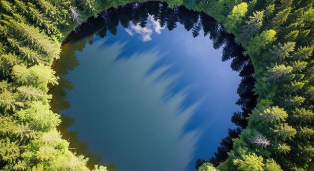 Perfectly Round Forest Lake Reflecting the Blue Sky and Clouds Aerial View photo