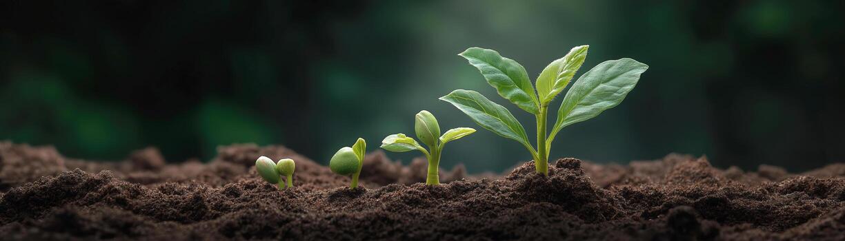 Growth Stages of Green Seedling Plants Emerging from Dark Soil Background photo