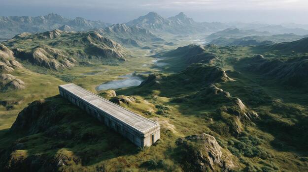Aerial View of Abandoned Structure Surrounded by Lush Green Landscape photo