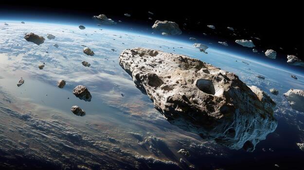 Asteroid Field in Outer Space with Earth Visible in Background photo