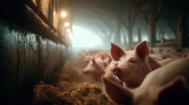 Calm Indoor Scene of Pigs Relaxing in Bright Barn Environment photo