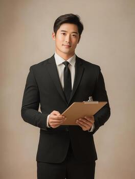 Professional Man in Suit Holding Clipboard and Smiling Confidently photo