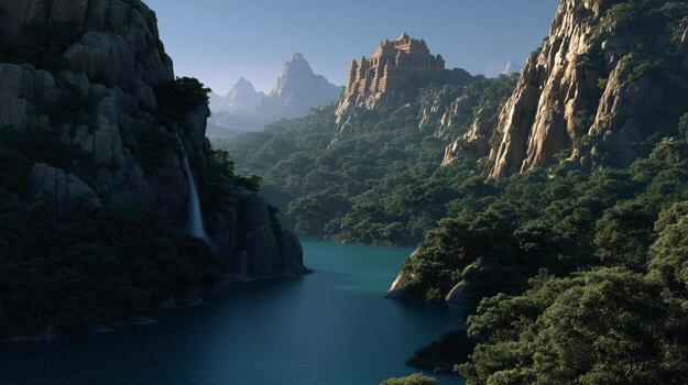 sereno paisaje con cascada y antiguo montaña templo ver foto