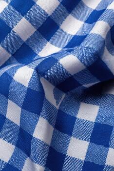 azul y blanco comprobado tela textil diseño modelo cerca arriba foto