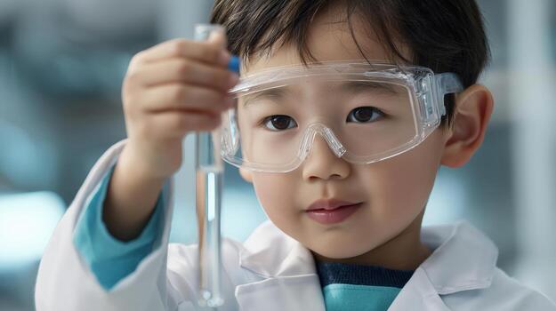 Young Child in Lab Coat Analyzing Liquid in Test Tube with Focus photo