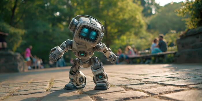 Cute humanoid robot exploring a sunlit park surrounded by people photo