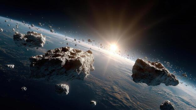 Asteroid Field in Space with Chaotic Rocks and Stunning Sunlight photo