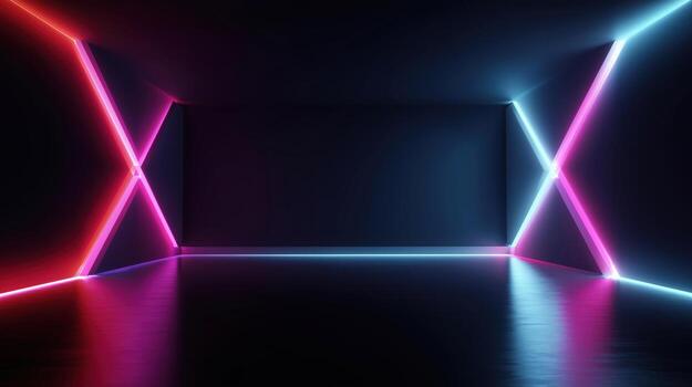 Abstract 3D Background with Neon Light Lines in Dark Space photo