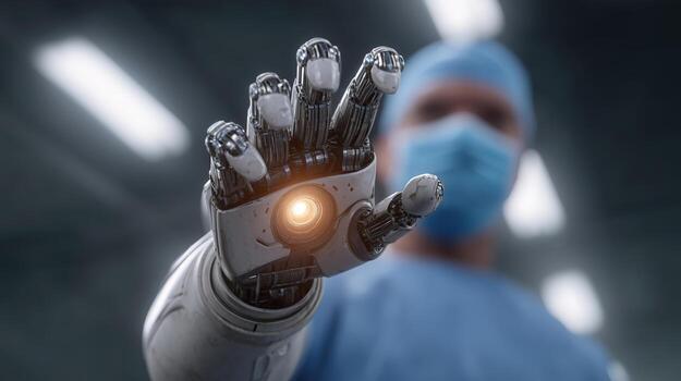 Robotic Arm in Medical Environment with Surgeon in Background photo