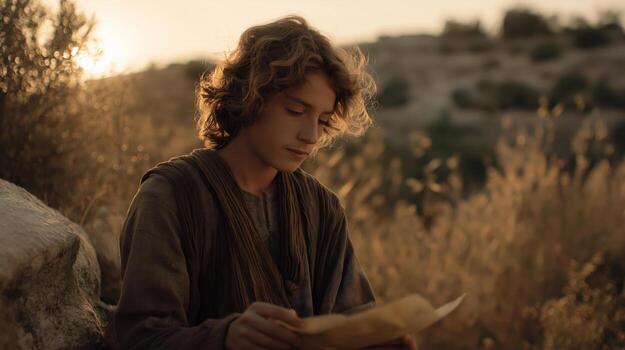 Youth reading ancient scrolls at sunset in desert landscape reflective mood photo