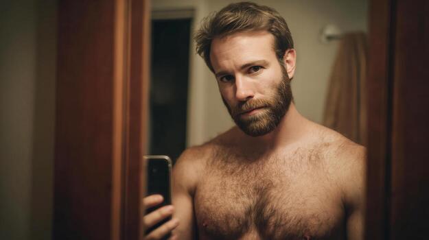 Self-portrait of a man in a bathroom mirror indoor setting close-up photo