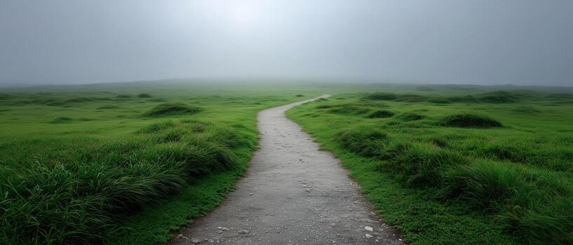 Serene Pathway Through Lush Green Landscape in Misty Conditions photo