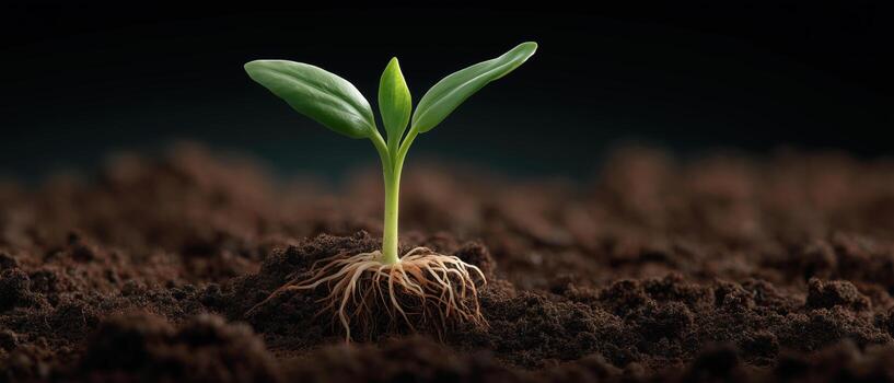Green Seedling Emerging from Dark Rich Soil in a Close-Up View photo