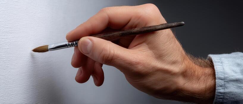 Hand Holding Paintbrush Preparing to Paint on Canvas Surface photo